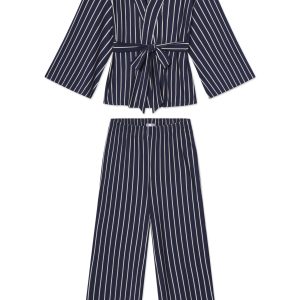 DreamModal® Kimono Pajama Set in English Navy Vertical Stripe