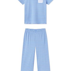 Pima Crew Wide Leg Pajama Set in Mixed Baltic Blue Stripe