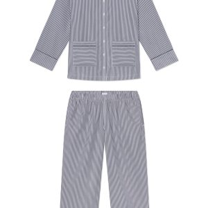 Poplin Piped Long-Long Set in English Navy Riviera Stripe