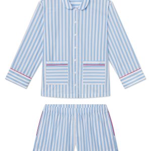 Poplin Piped Long-Short Set in Baltic Blue Beam Stripe