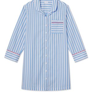 Poplin Piped Nightgown in Baltic Blue Beam Stripe