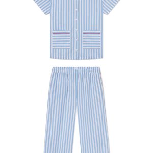 Poplin Piped Short-Long Set in Baltic Blue Beam Stripe