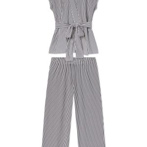 DreamModal® Short Sleeve Kimono Pajama Set in Blue Depths Pencil Stripe