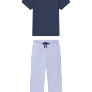 Men's Pima Sleep Short-Long Set in Navy Compass Stripe