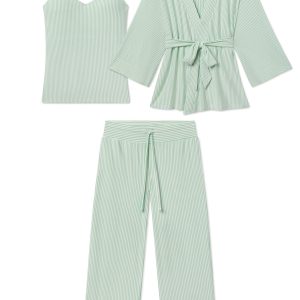 Maternity DreamModal® Kimono Three-Piece Set in Parisian Green Pencil Stripe
