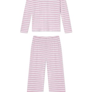 Pima Crew Long Sleeve Wide Leg Pajama Set in Light Camellia Triple Stripe
