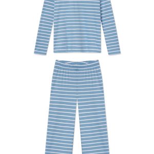 Pima Crew Long Sleeve Wide Leg Pajama Set in Serene Blue Anchor Stripe
